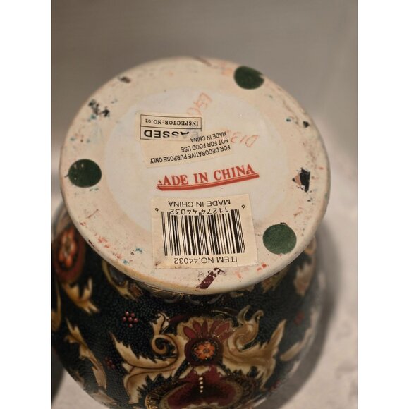 ASIAN VINTAGE PORCELAIN TEMPLE JAR HAND PAINTED MULTI-COLOR GOLD TRIM 12"  Set o - Picture 10 of 11